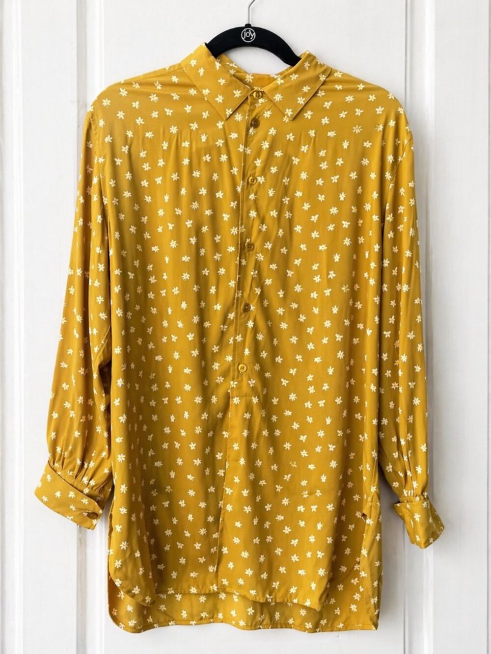 Saint Laurent Silk Viscose Floral Blouse Mustard Button Down Italy Small Hole